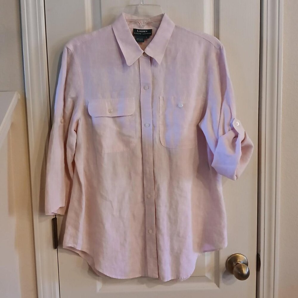 Lauren Ralph Lauren pink 100% linen shirt with 3/4 button up sleeves size large